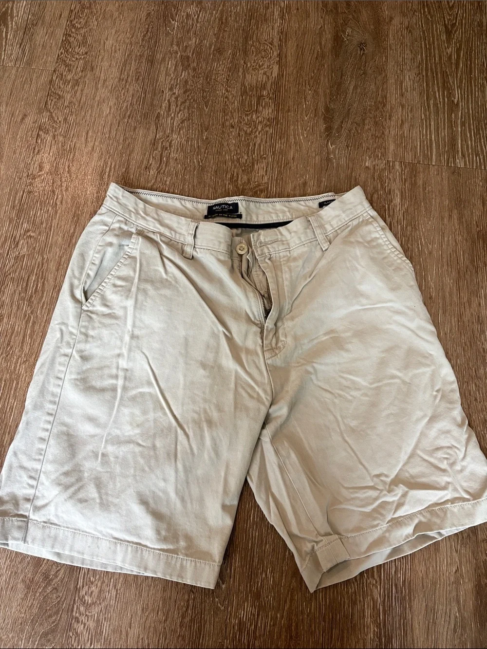 Nautica Beige and Navy Flat-Front Cotton Shorts